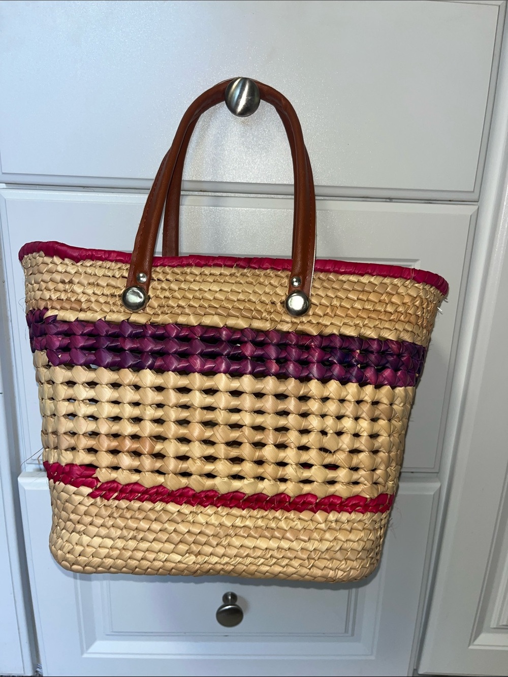 Woven Straw Basket Tote with Pink and Purple Accents